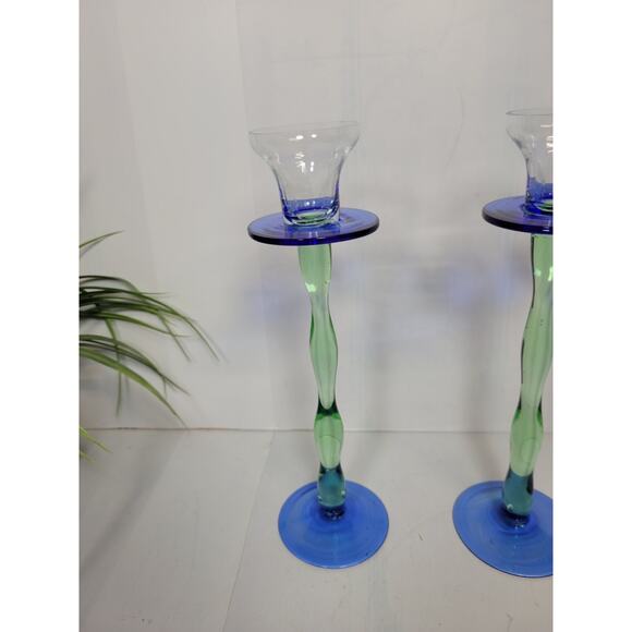 Pair of Lovely Candleholders Blue Green Twisted Stem Candle Sticks - Picture 2 of 5
